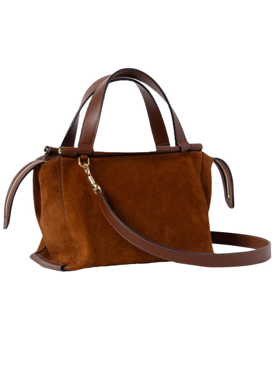 Ida Top Handle Bag with Strap in Tan Suede
