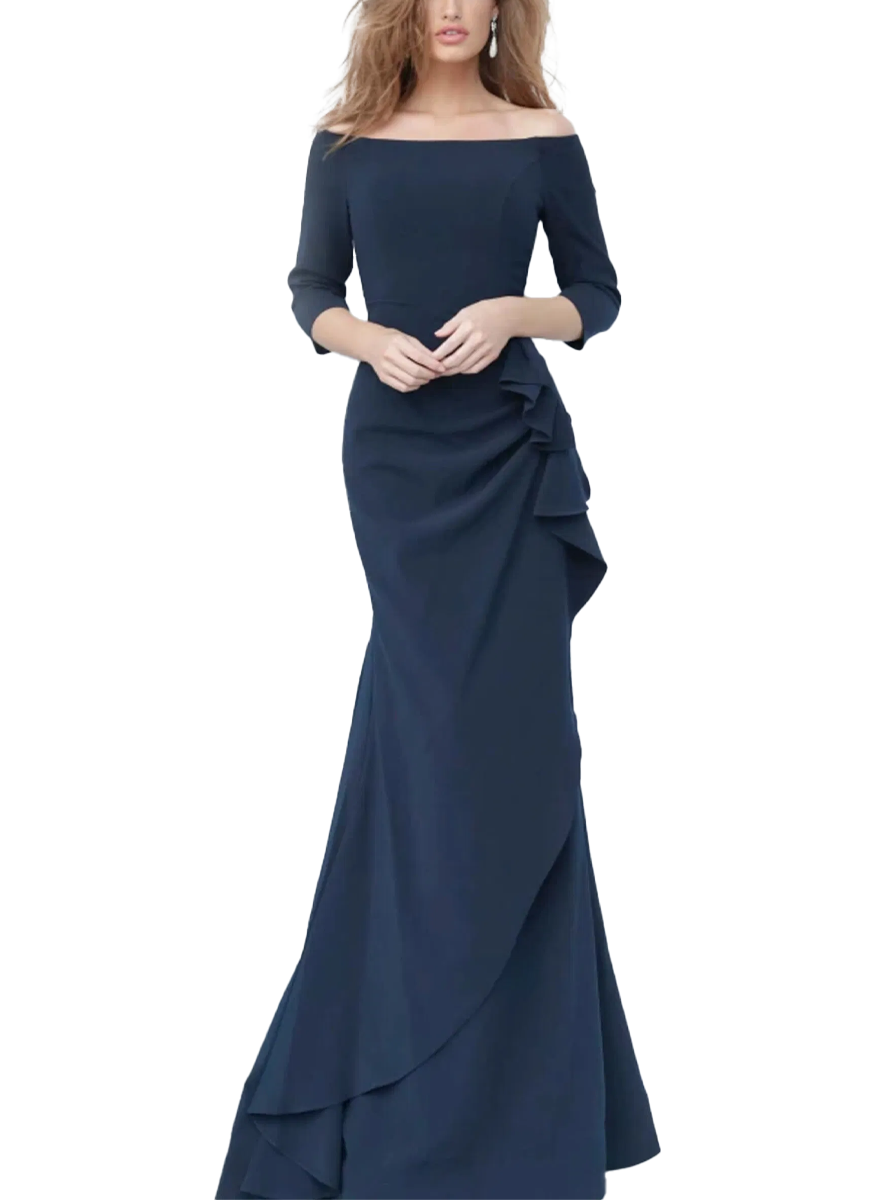 Off the Shoulder Ruched Gown in Navy