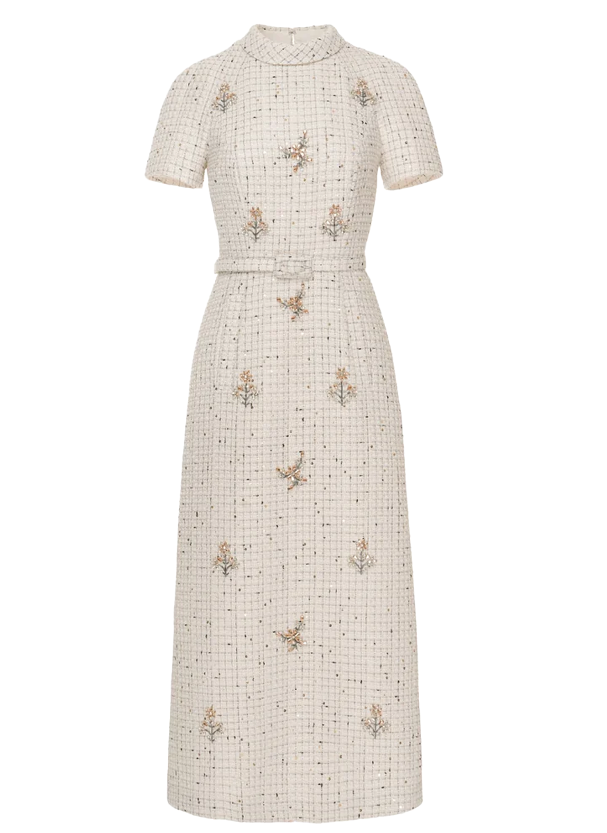 Genevieve Midi Dress in White Tweed