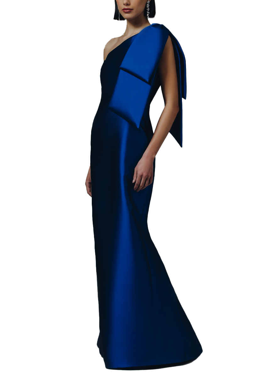 One-Shoulder Bow Tie Gown in Royal Silk Radzimir