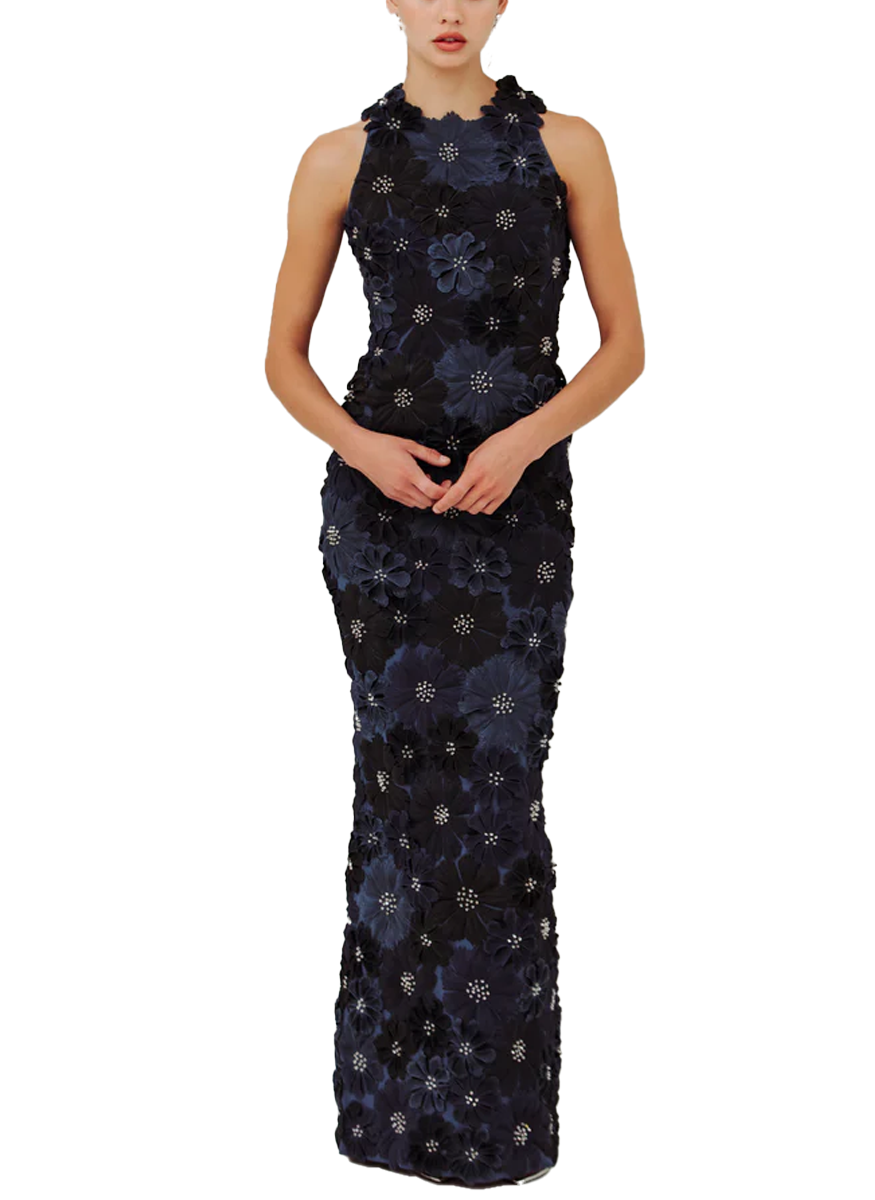 Racer Neck Ombre Gown with Full Petals