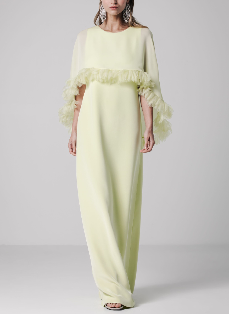 "London" Sheath Gown with Anemone-Trimmed Capelet in Celery Silk Crepe