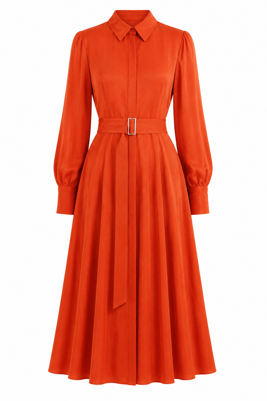 Long Sleeve Pleated Shirtdress With Belt US12 / CORAL
