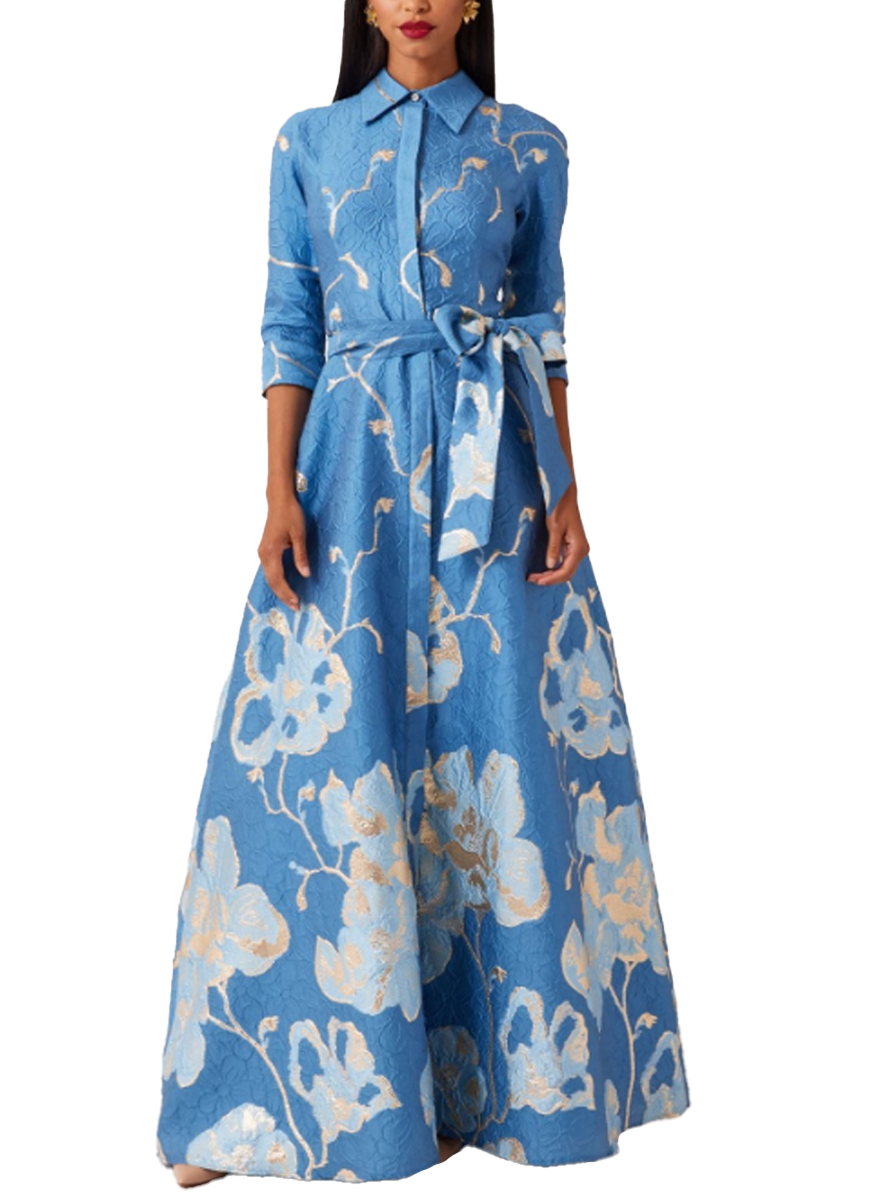 Metallic Jacquard Border Pattern Shirtwaist Gown