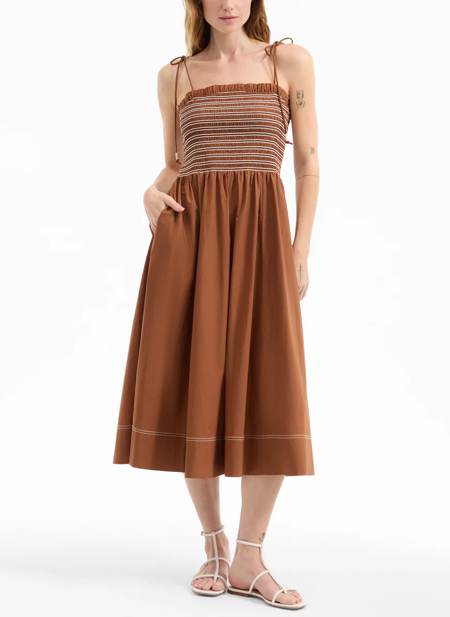Kaela Smocked Midi Dress in Whisky Brown