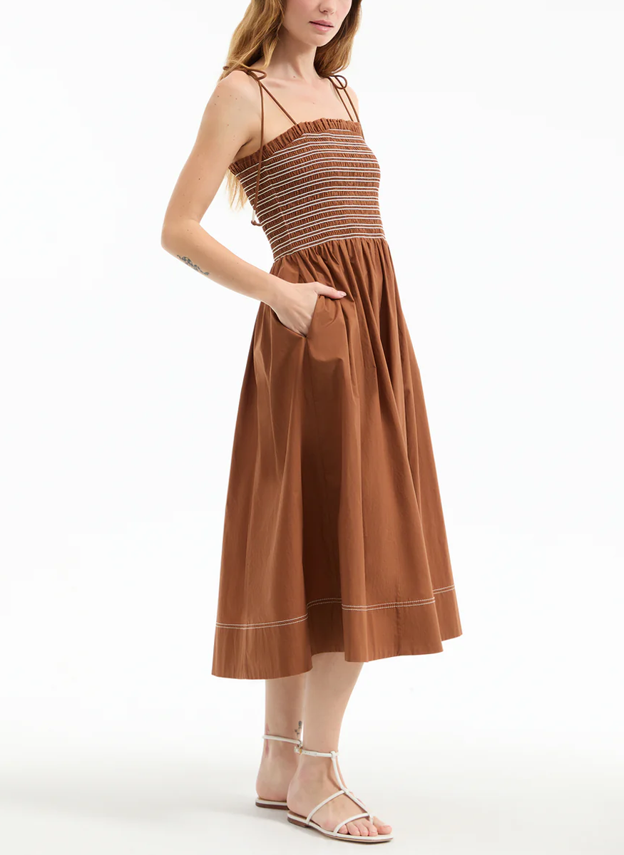 Kaela Smocked Midi Dress in Whisky Brown - Veronica Beard