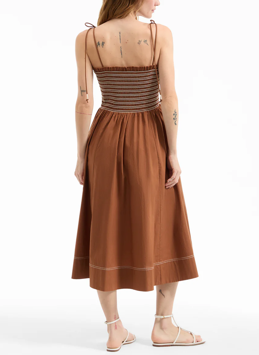 Kaela Smocked Midi Dress in Whisky Brown - Veronica Beard