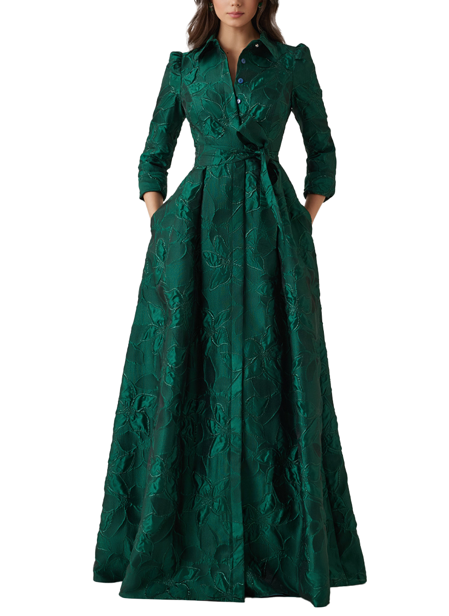 Metallic Jacquard Floral Shirt Waist Gown