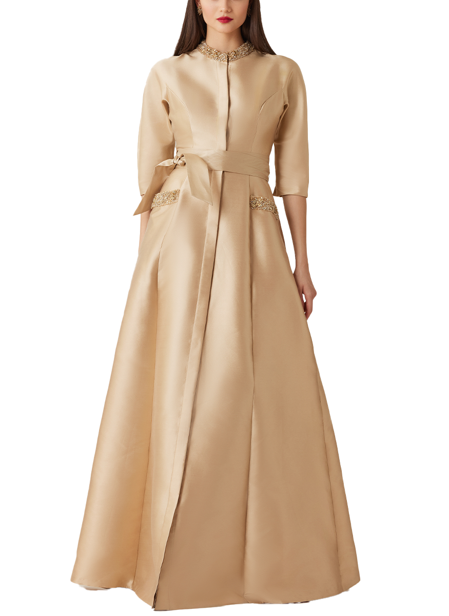 Teri Jon Mikado Bead Collar Gown - Gold - 12 Teri Jon Mikado Bead Collar Gown - Gold - 12