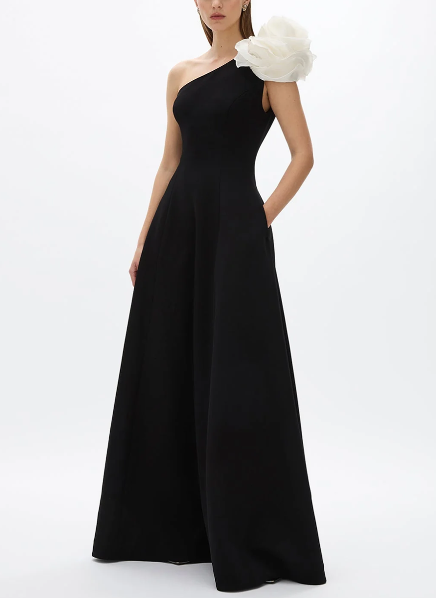 Vya Crepe Gown with Rose Shoulder Vya Crepe Gown with Rose Shoulder