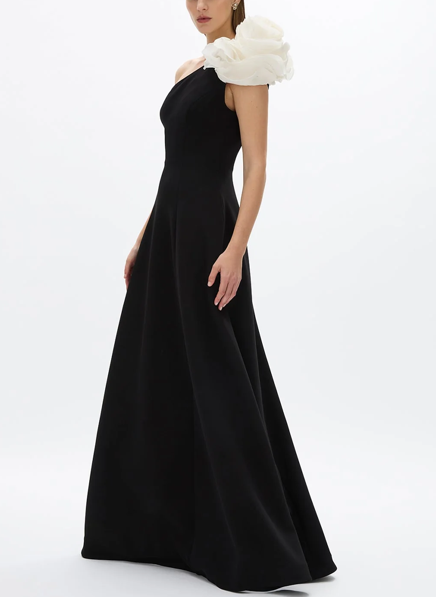 Vya Crepe Gown with Rose Shoulder