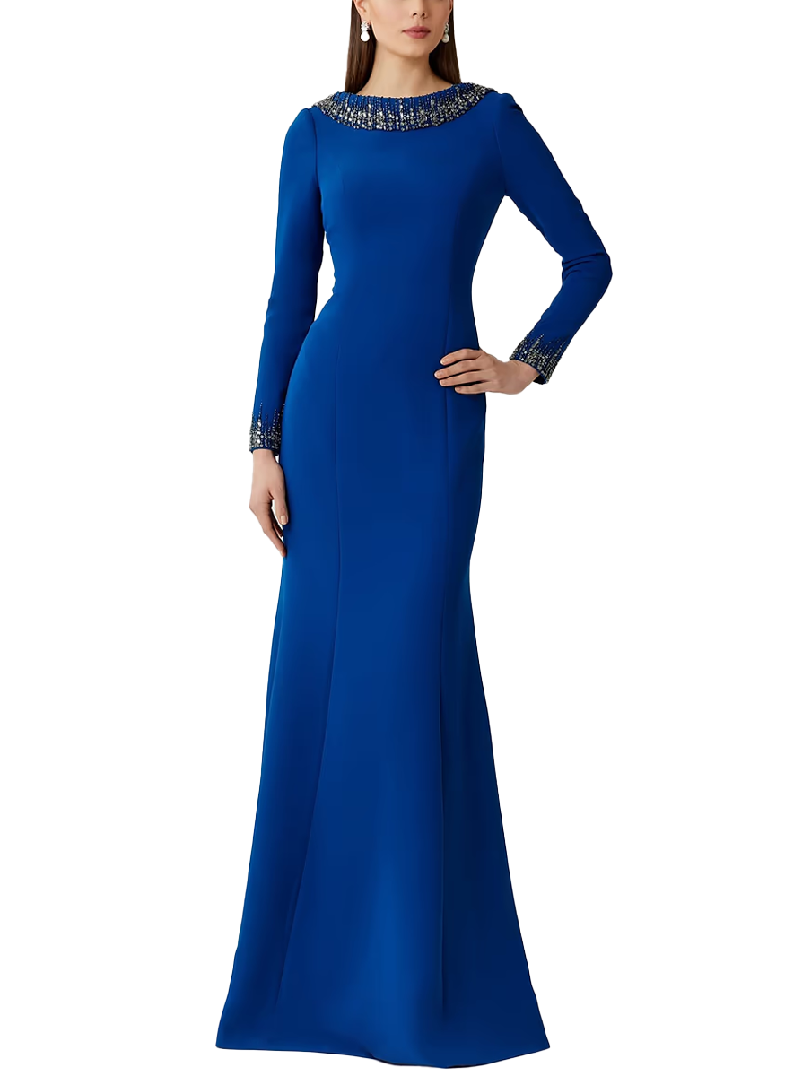 Crepe Evening Gown with Beaded Neck and Cuff Detail