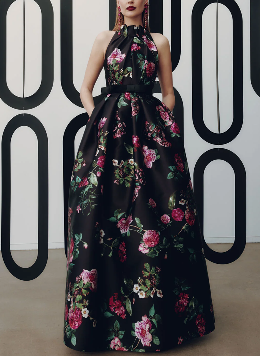 Floral Halter Draped Gown with Bow