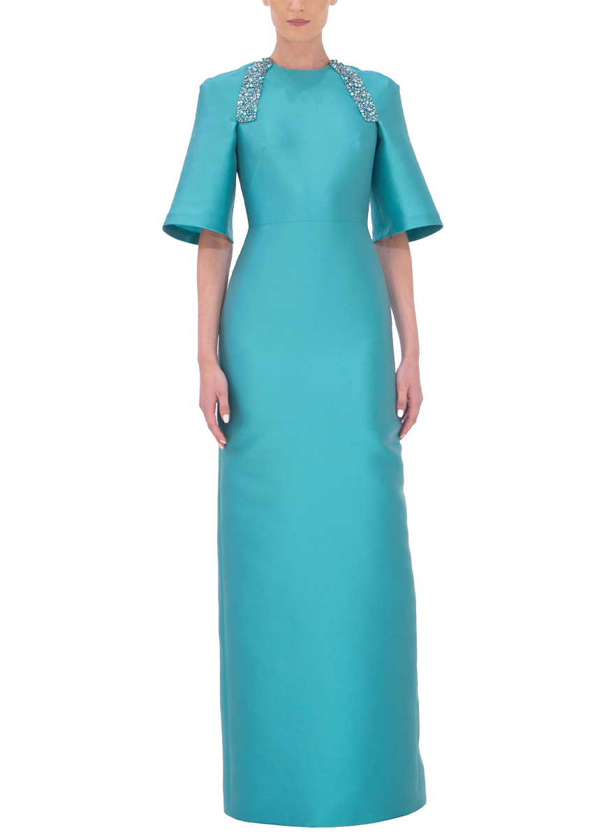 Mikado Pique Pencil Gown with Halter Elbow Sleeves and Shoulder Applique Mikado Pique Pencil Gown with Halter Elbow Sleeves and Shoulder Applique