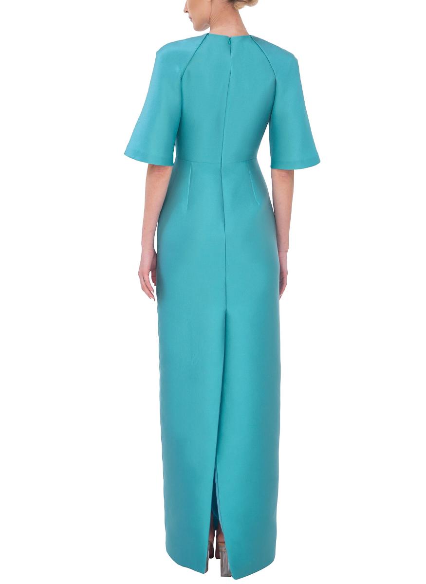Mikado Pique Pencil Gown with Halter Elbow Sleeves and Shoulder Applique