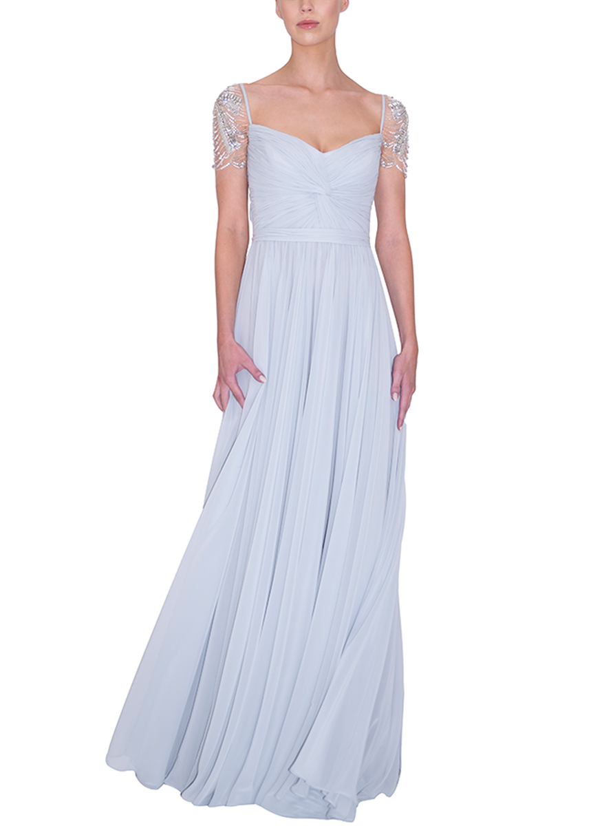 Embellished Cap-Sleeved Chiffon Gown
