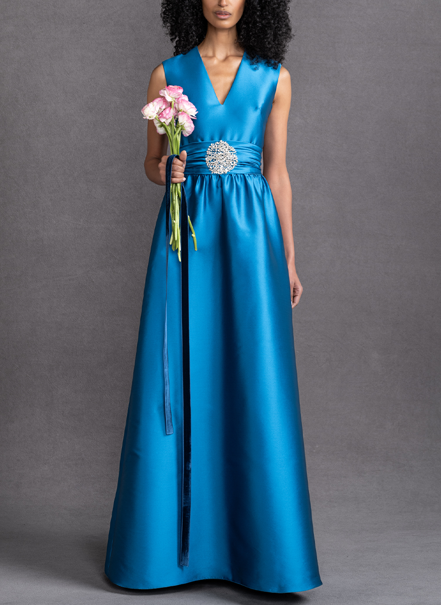 V-Neck Floor Length Mikado Gown