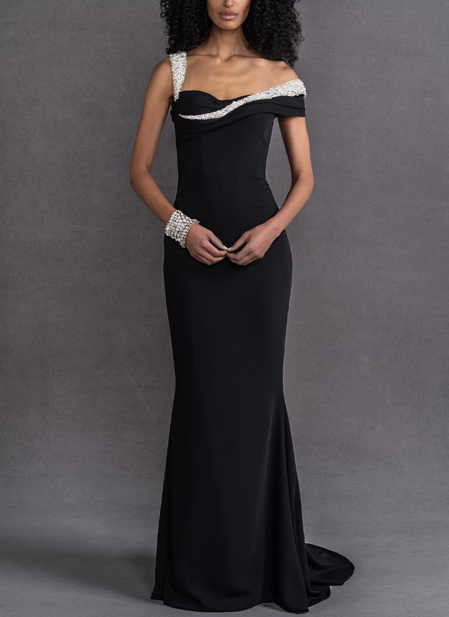 Asymmetrical Off the Shoulder Crepe Dress