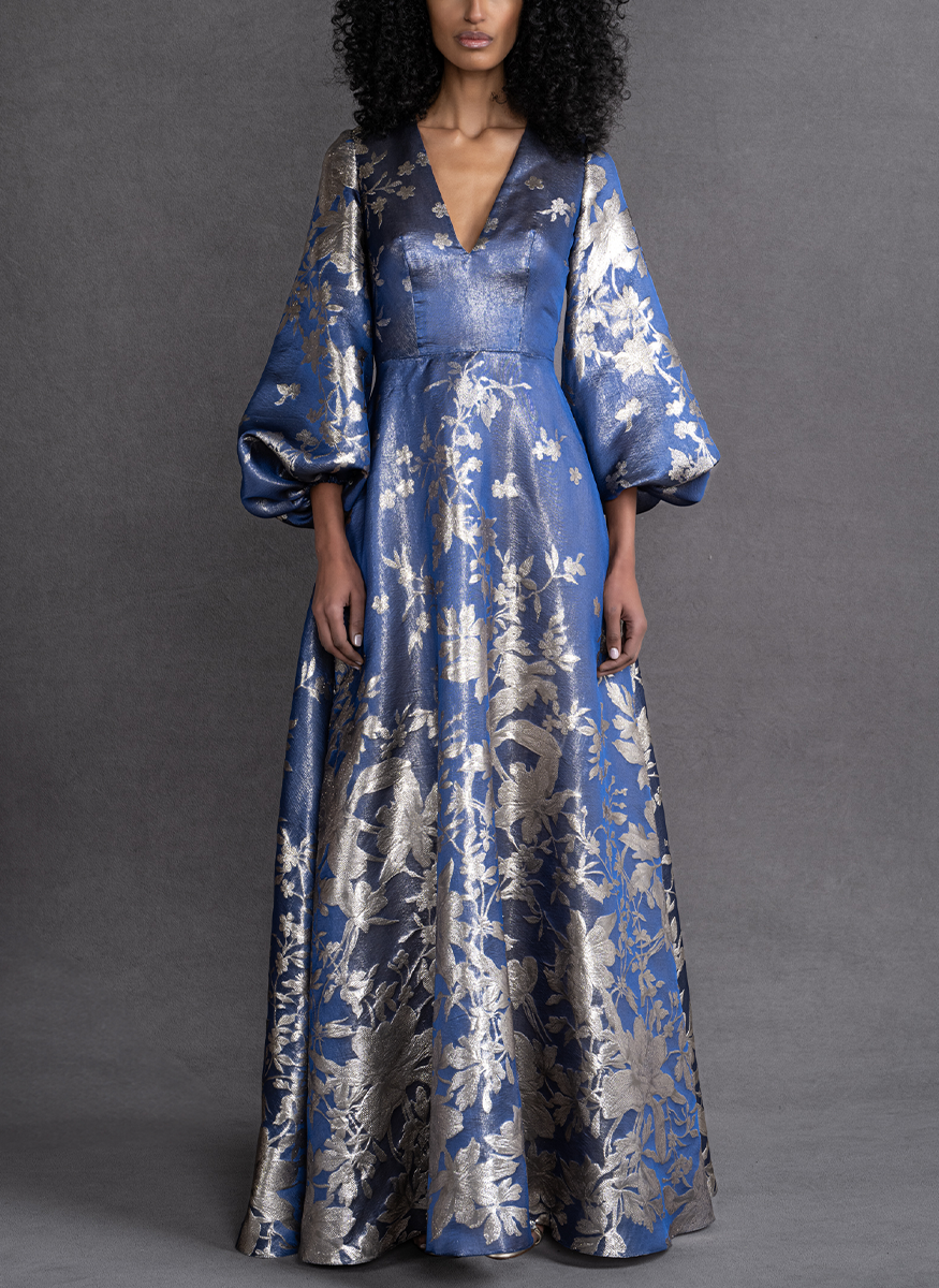 V-Neck Bishop Sleeve Jacquard Gown