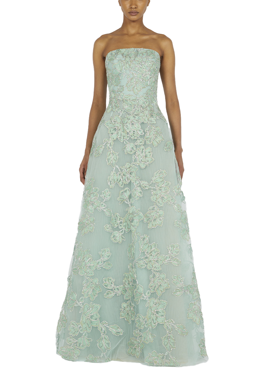Strapless Gown in Raffia with Embroidery Detail
