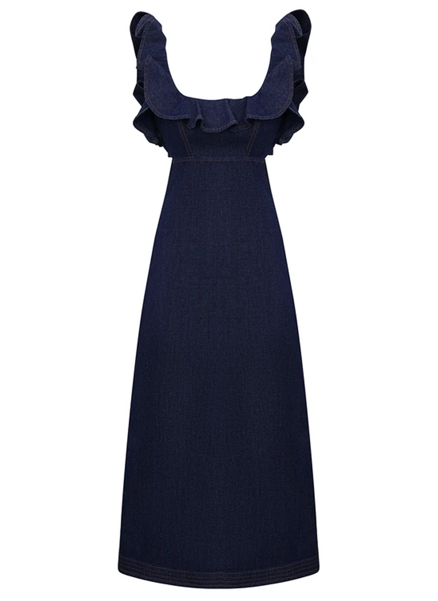 ZIMMERMANN Aster Denim Frill Midi Dress | Women's A-Line Denim Cut-Out Dress | Ink