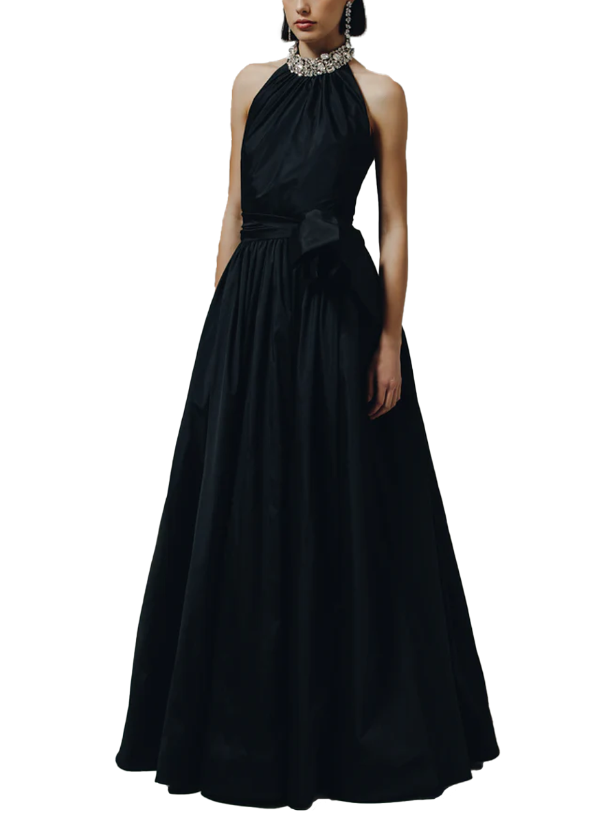 T Neck Gown with Ballgown Skirt and Set Gem Collar