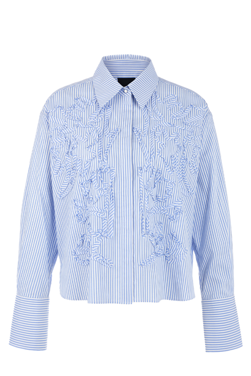 Pinstripe Shirt with Stitched Ribbons