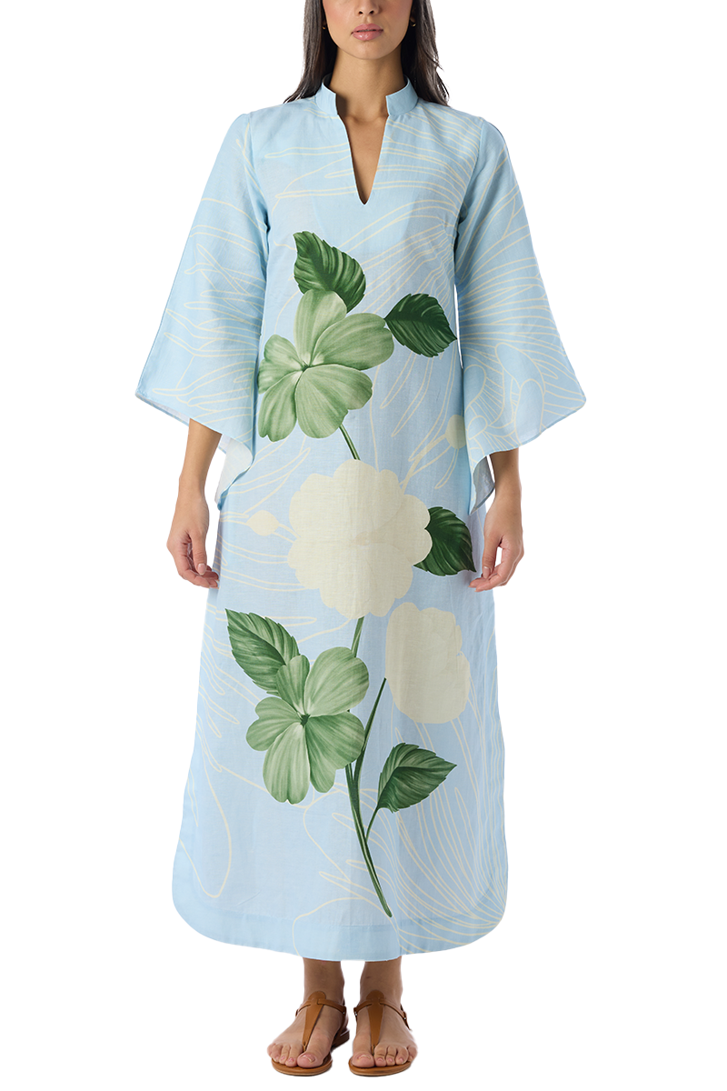 Verandah - Floral linen and cotton V-neck long dress - Women - Light blue