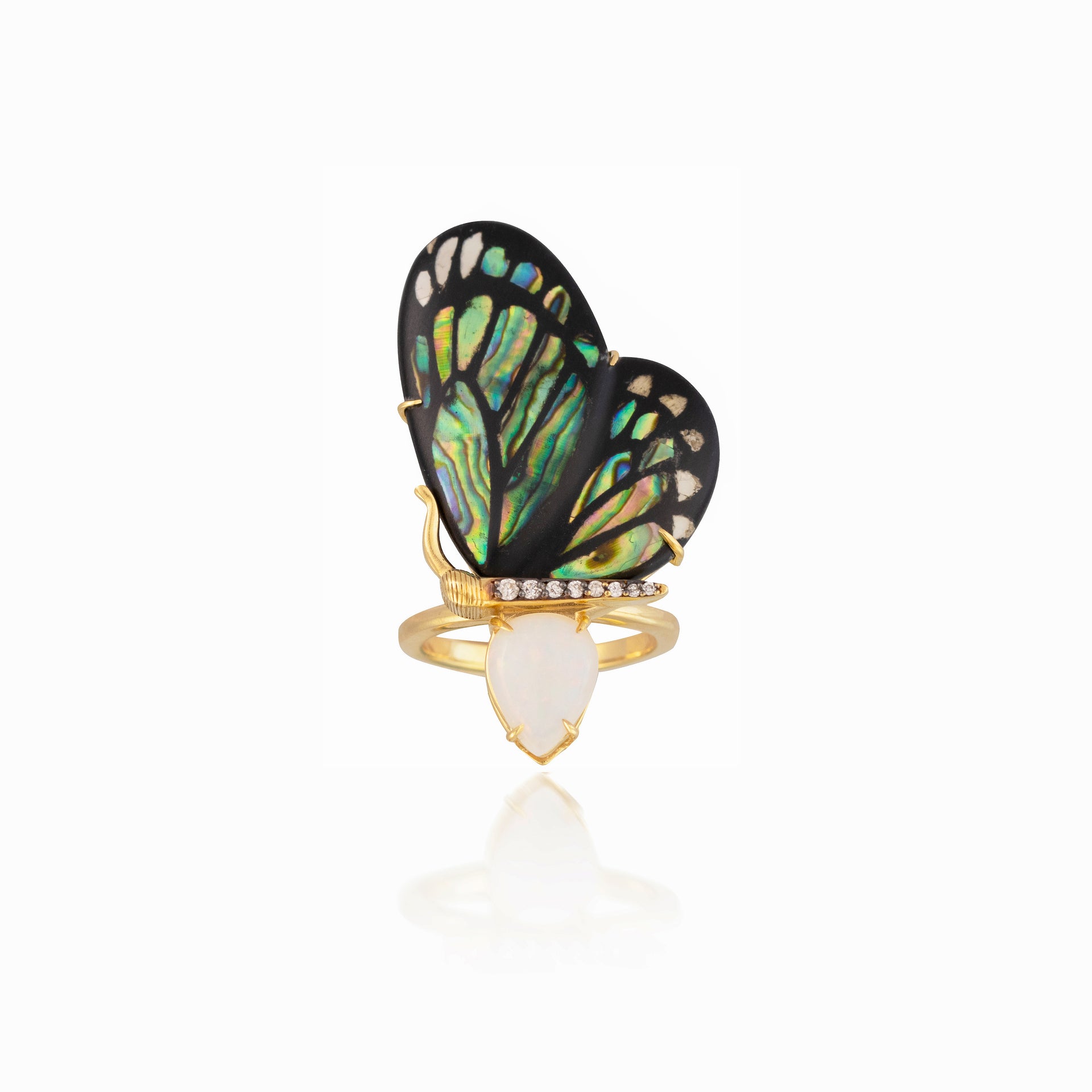 Marquetry Butterfly Ring with Opal and Abalone