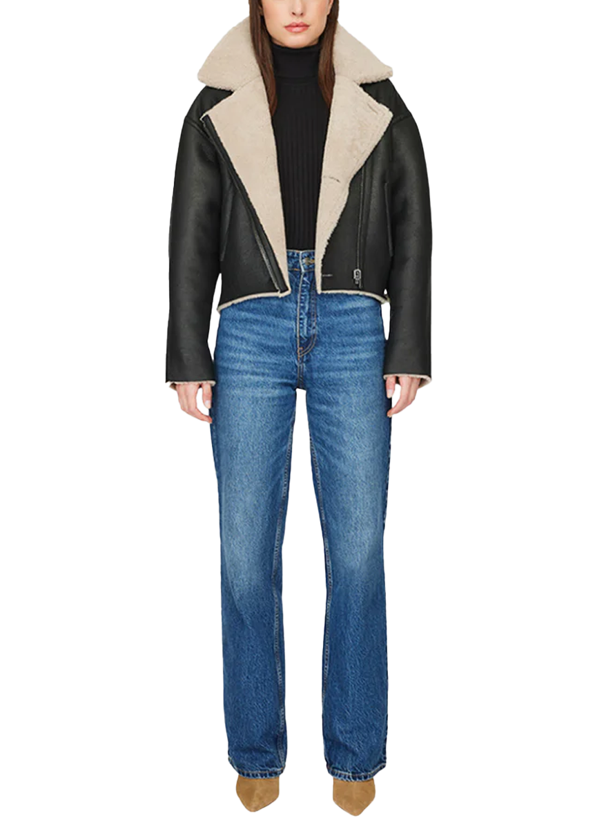 Aria Black Beige Reversible Shearling Moto Jacket