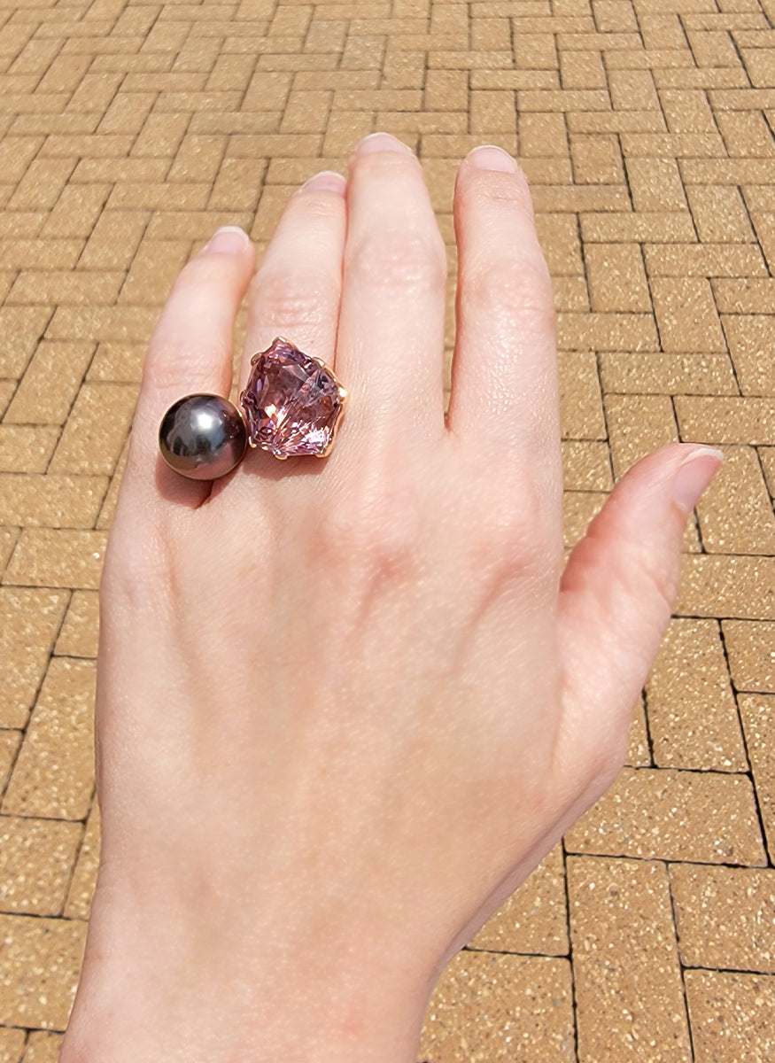 Fantasy-cut Morganite and Tahitian Pearl Ring