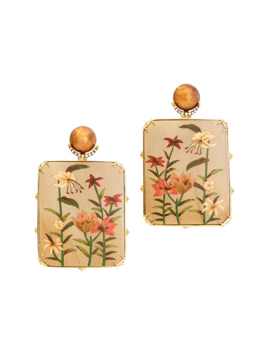 Marquetry Lilies with Pearls Earrings