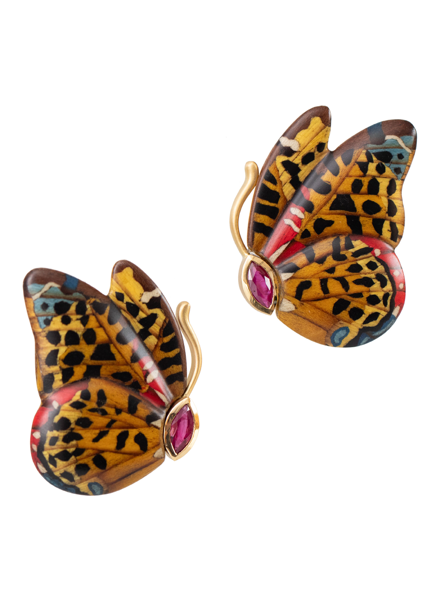 Marquetry Butterflies with Rubies Earrings