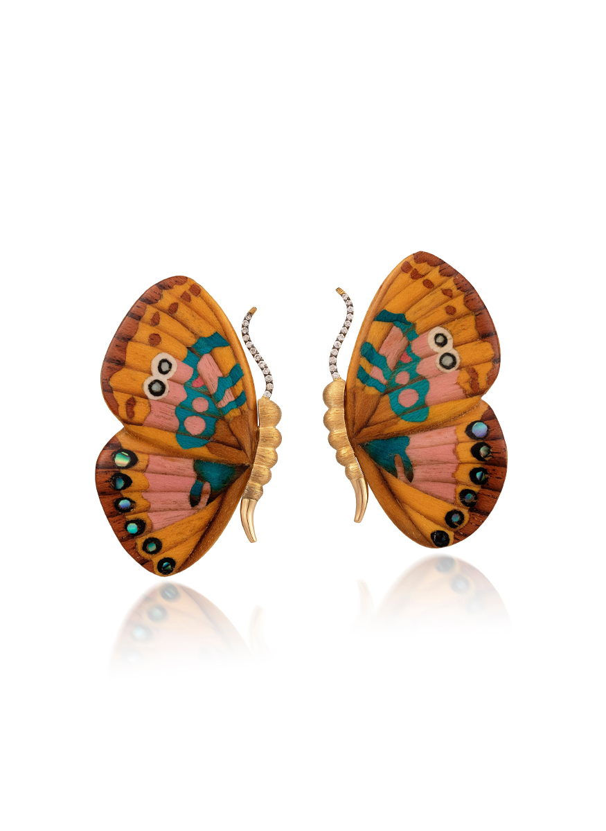 Yellow and Pink Marquetry Butterfly Earrings