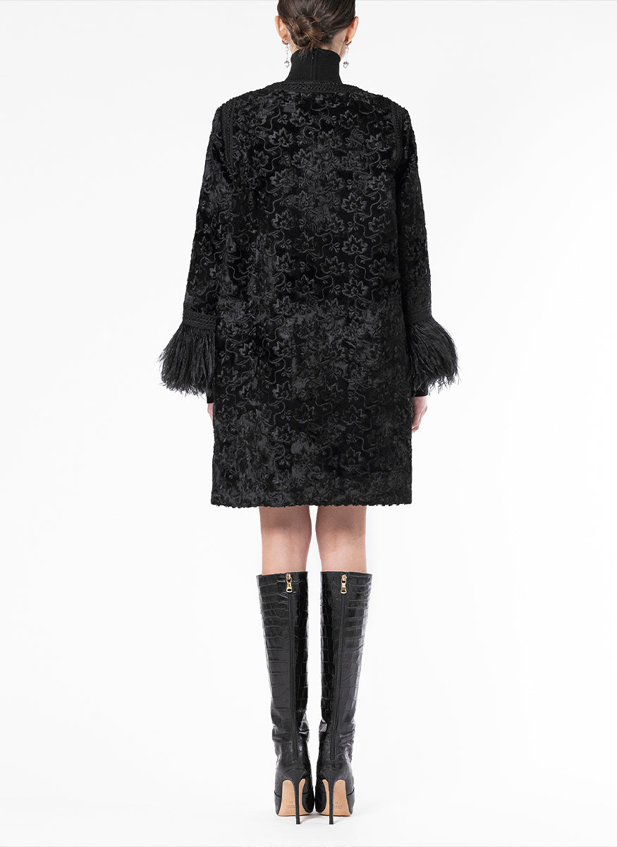 Jacquard Zip Coat with Ostrich Feathers - Andrew Gn