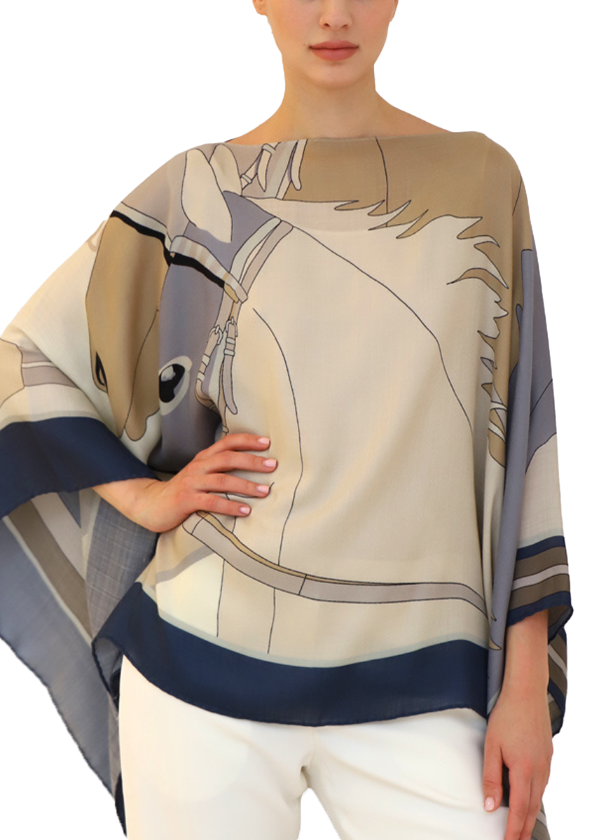 Cashmere Printed Poncho: Agatha in Navy