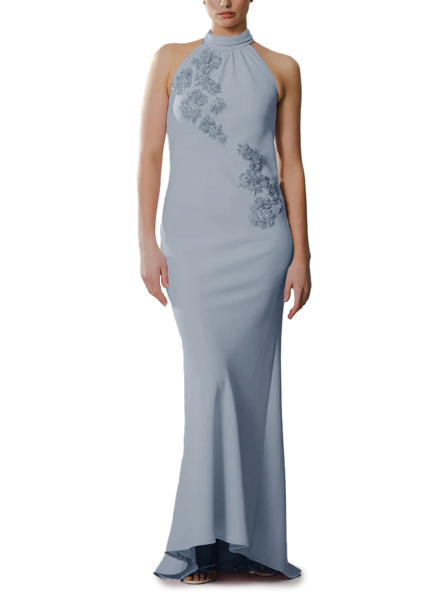 T-Neck Bias Gown with Floral Embroidery in Pebble Crepe