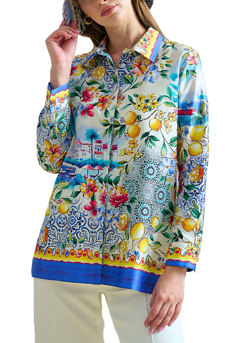 Collared Cotton Printed Shirt in Capri Blue