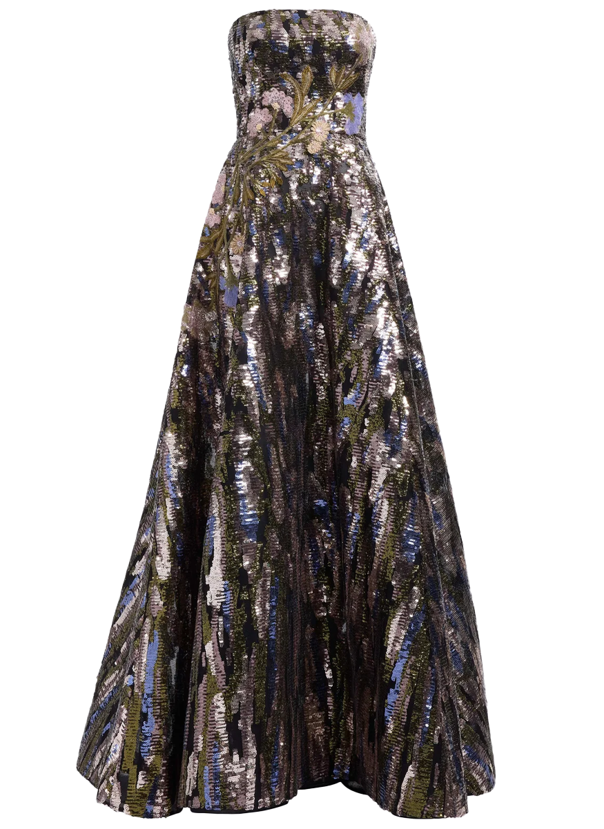 Floral Embroidered Sequined Gown