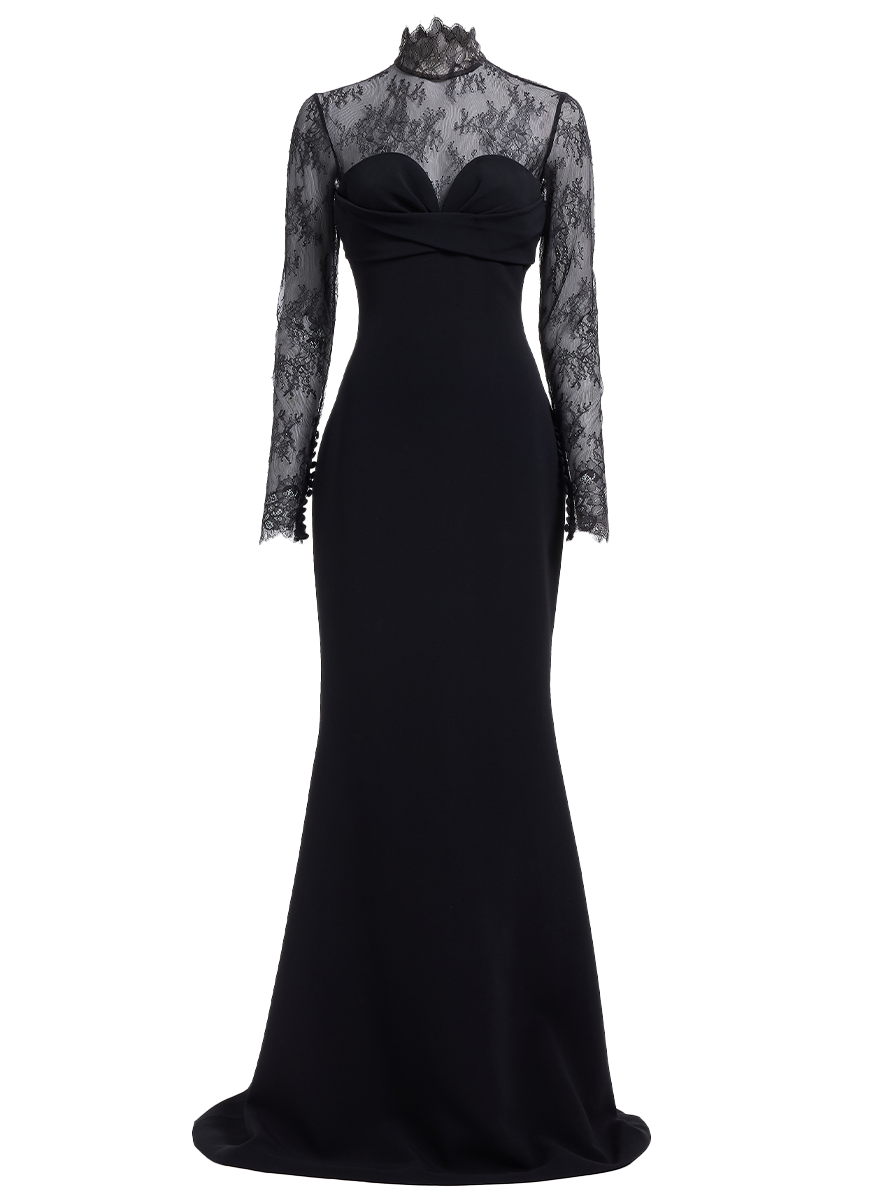 High Neck Cady With Lace Long Gown