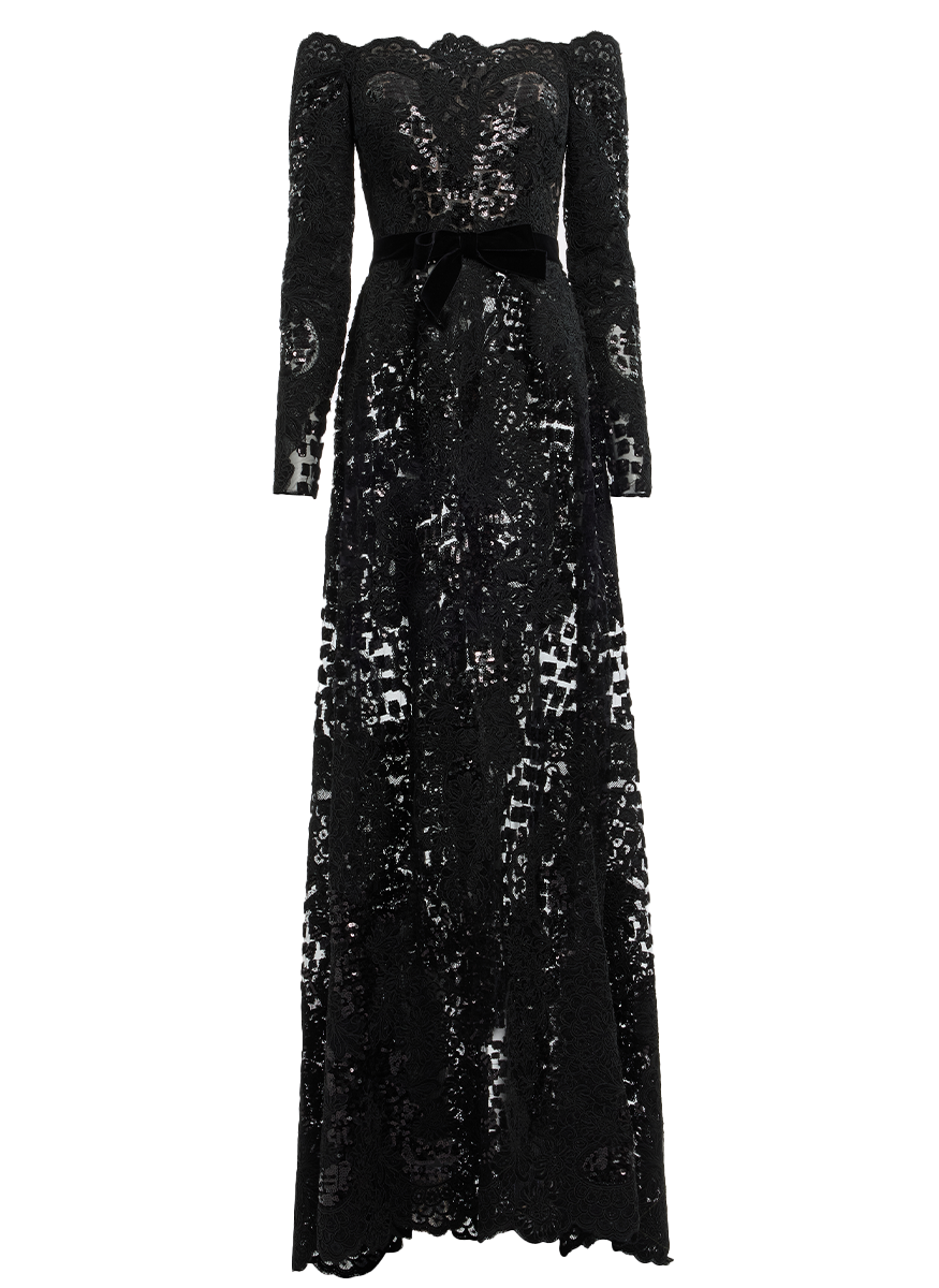Off the Shoulder Sequin Embroidered Tulle Gown