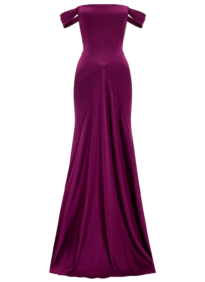 Off Shoulder Panelled Gown in Satin Crepe