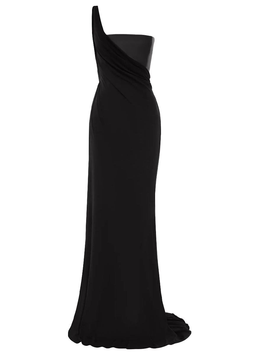 One Shoulder Asymmetric Gown in Leather & Jersey