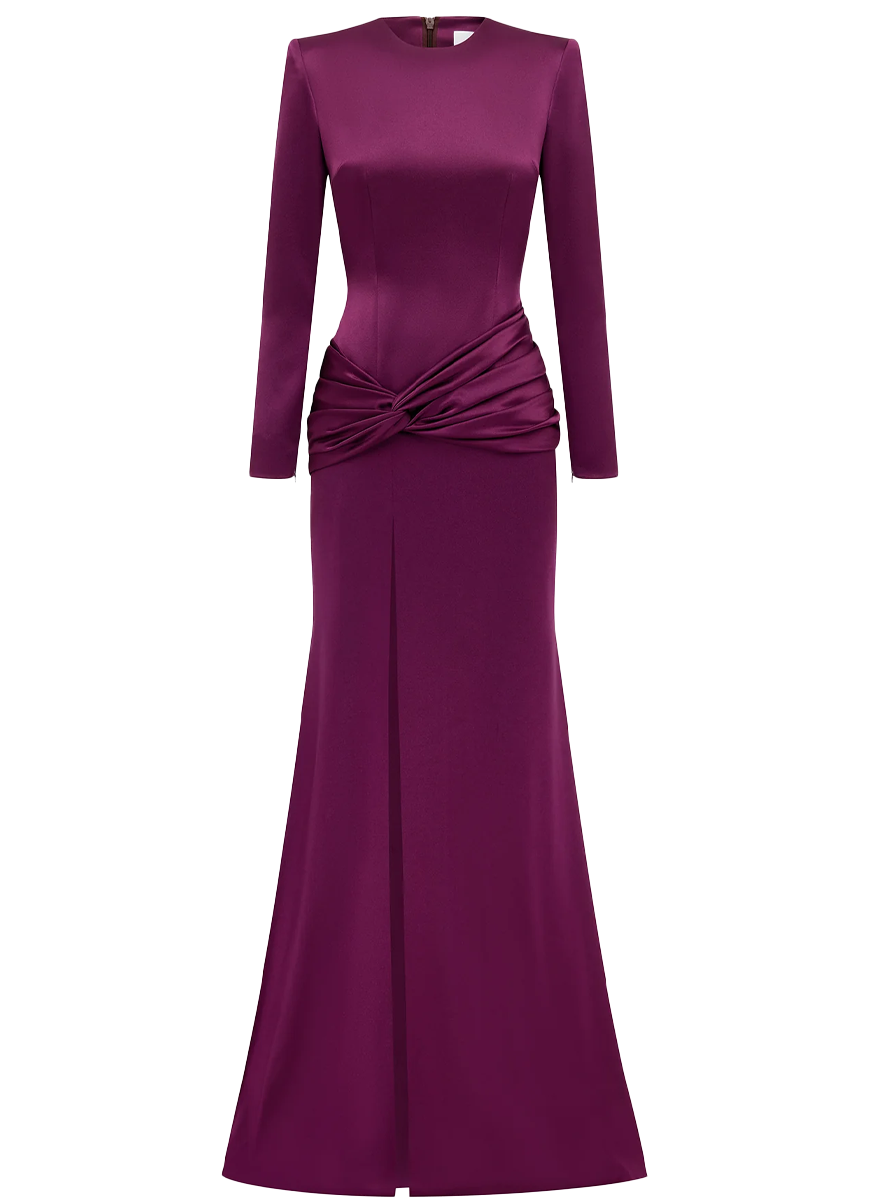 alex perry long sleeve dress Knot Gown in Satin Crepe Color:Brown Pre-Sale Takes About 25 Days To Ship atf-kg-12.23.25 The Talialora a luxurious midi masterpiece