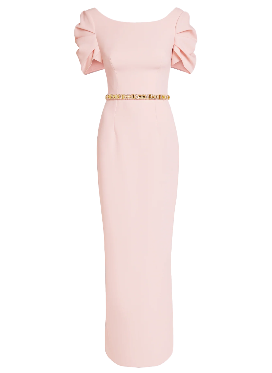 Vanna Long Dress in Pale Pink with Gold Belt