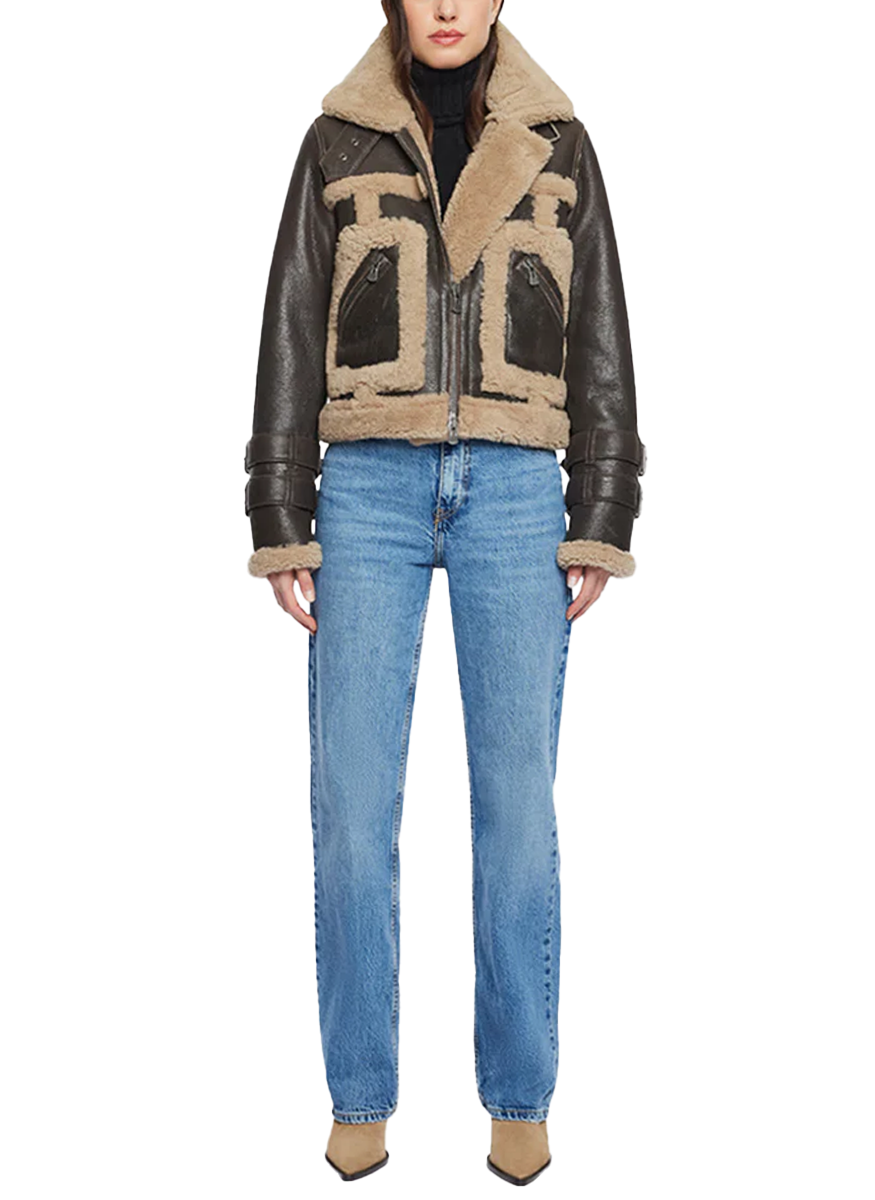 Doll Brown Cracked Shearling Biker Jacket