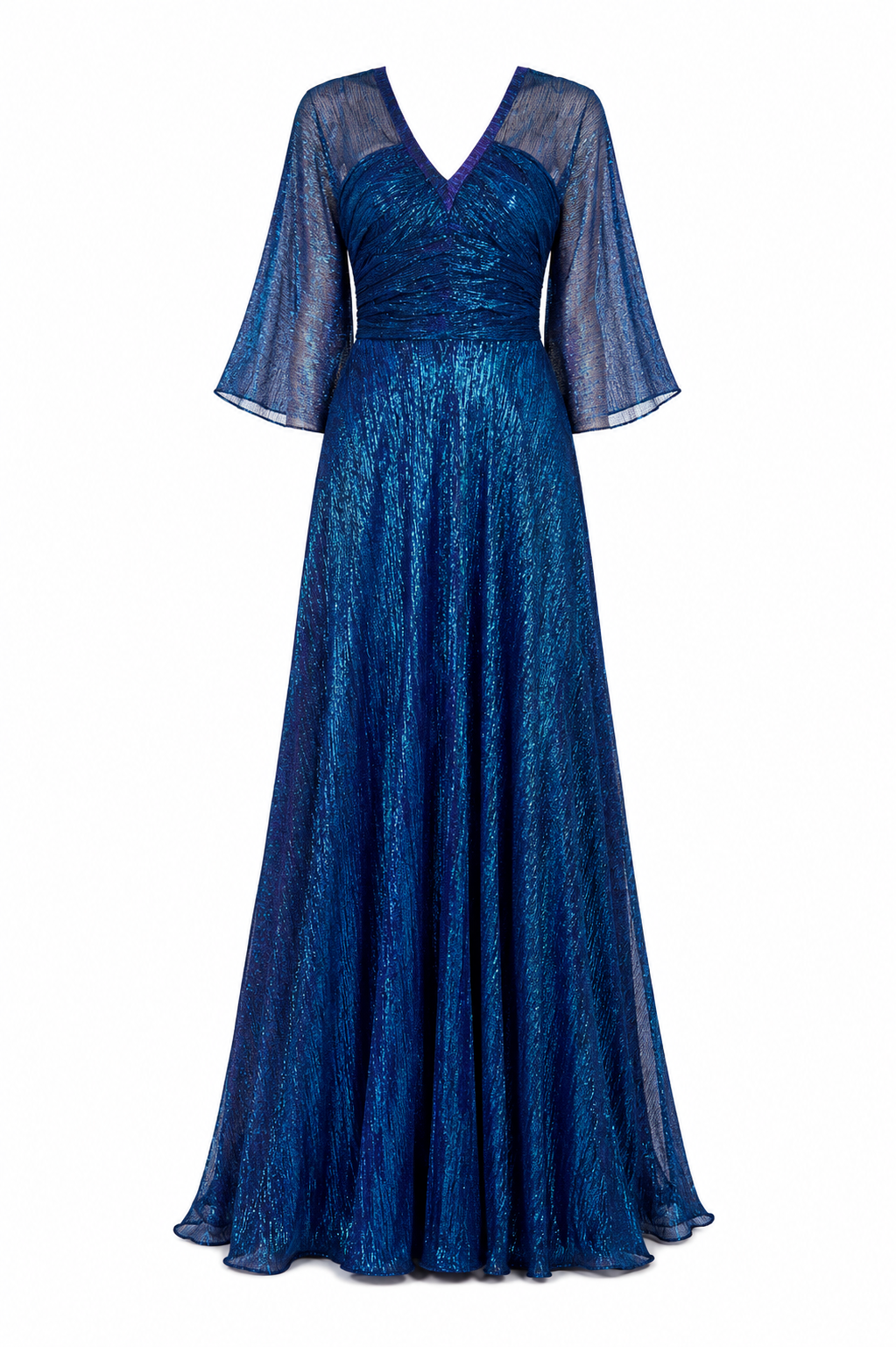 Hottie1 Metallic Voile 3/4 Sleeve Vneck Gown