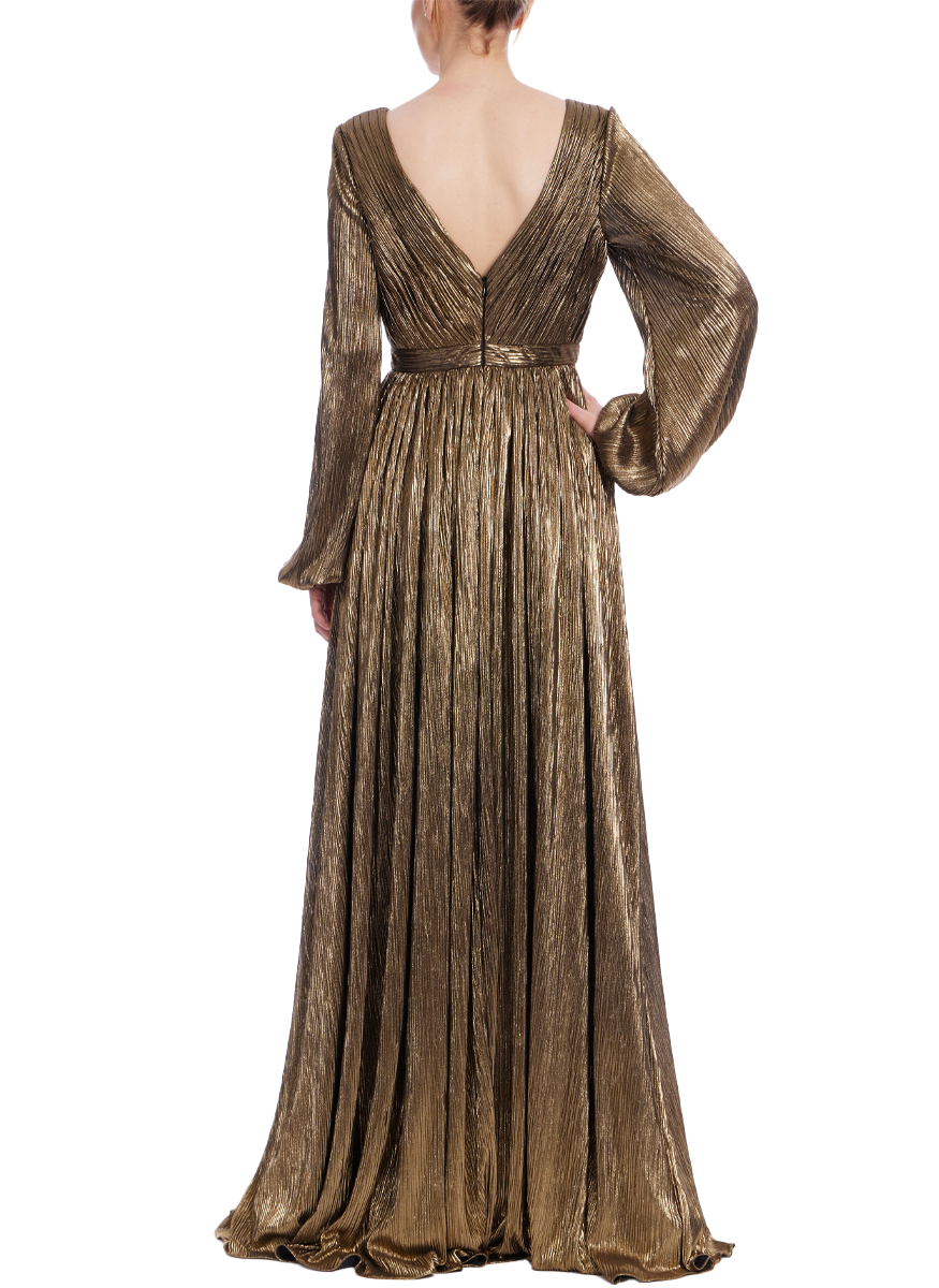 Foil Pleated Plunge Gown - Badgley Mischka