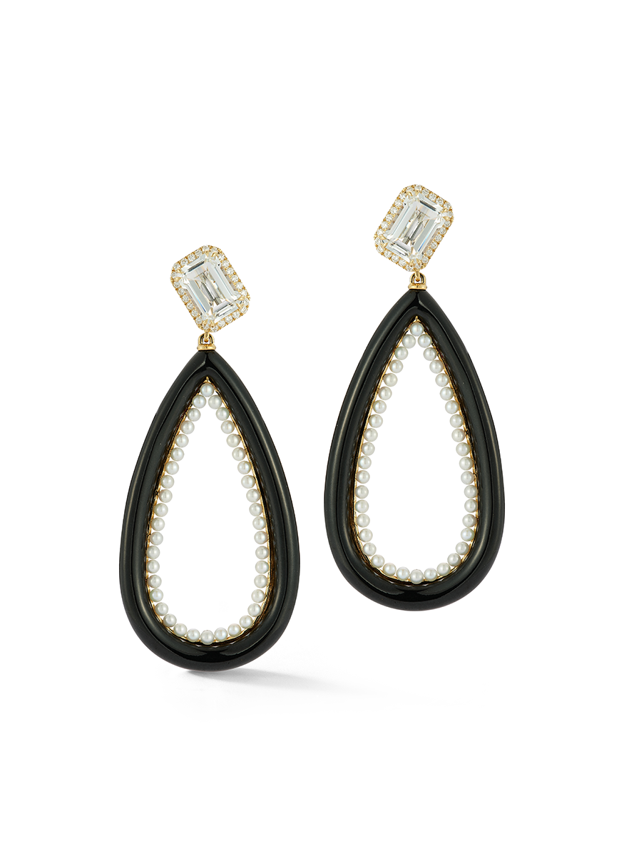 White Topaz and Black Jade Frame Earrings