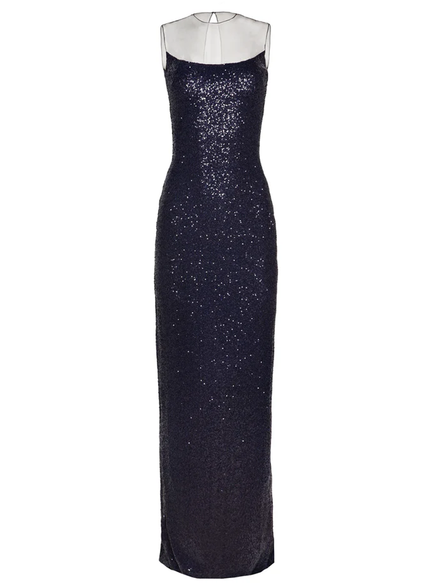 Stretch Sequin Illusion Neckline Column Gown